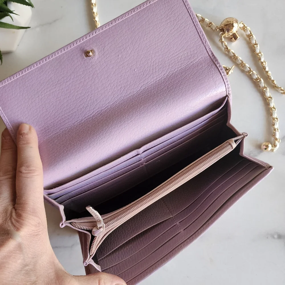 Gucci Lavendar Long Front Flap Wallet on Chain, Handpainted Flowes - Picture 4 of 13